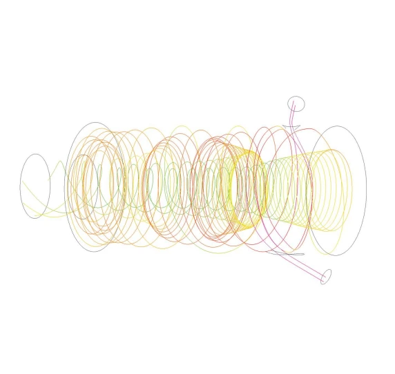 A graphical rendering of the path of particles streaming from a swirl injector.