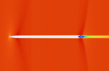 A snapshot CFD rendering of the Mjollnir rocket in flight.