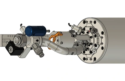 A CAD model rendering of the Mjollnir rocket's interior plumbing assembly.